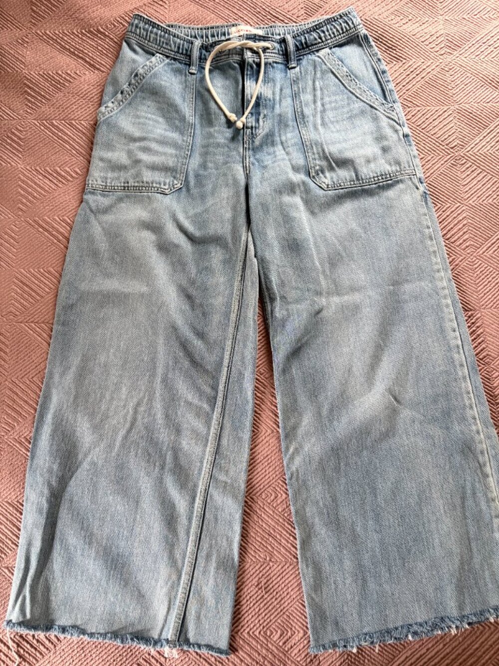 Lucky Brand Wide Leg Drawstring Jeans Medium Wash Raw Hem M Relaxed Fit